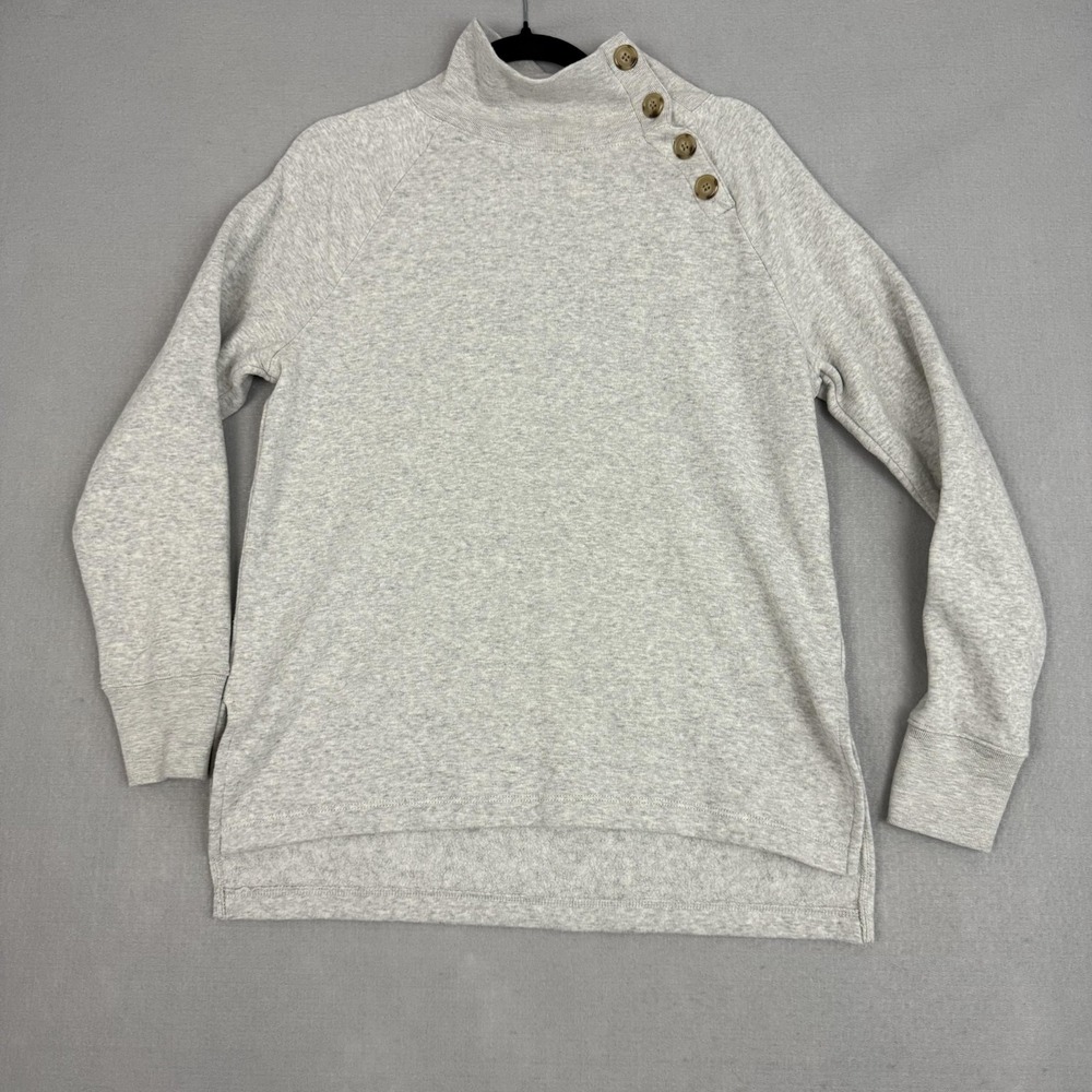J.Crew Sweatshirt Womens Small Gray Button Shoulder Mock Neck Raglan Fleece